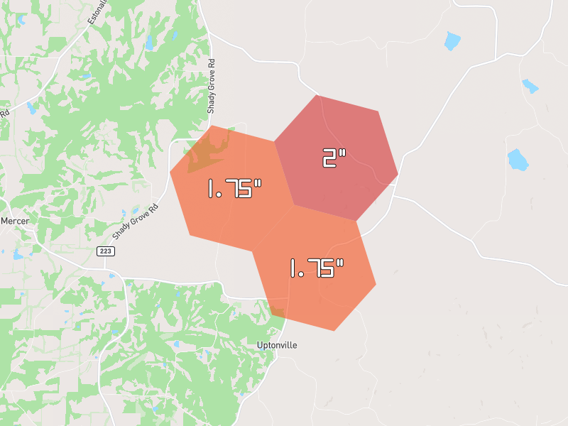 Hail map of Denmark, TN on Jul 9, 2026, hail up to 2"