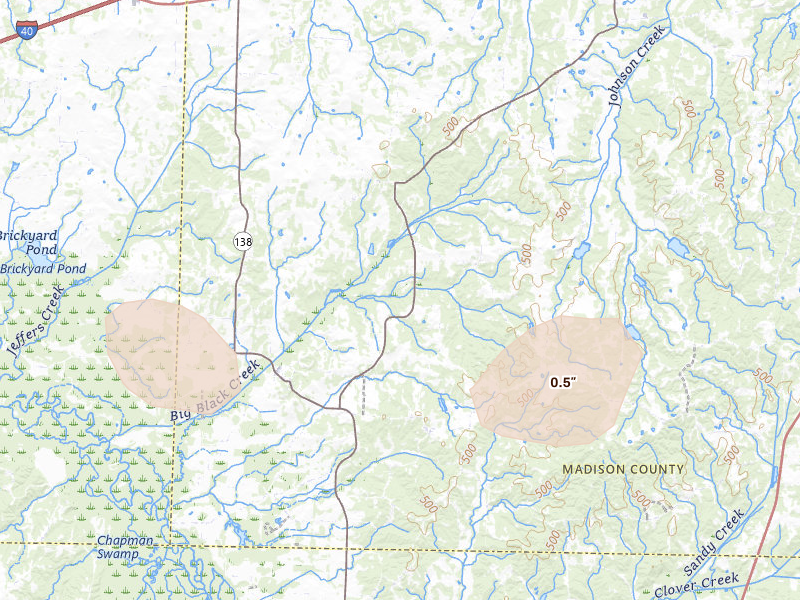 Radar-estimated hail-size map of the storm over Denmark, TN on Jul 21, 2026
