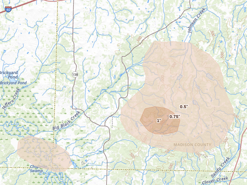 Radar-estimated hail-size map of the storm over Denmark, TN on Aug 20, 2026