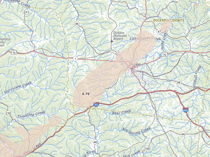 Radar-estimated hail-size map of the storm over Dickson, TN on Mar 15, 2026