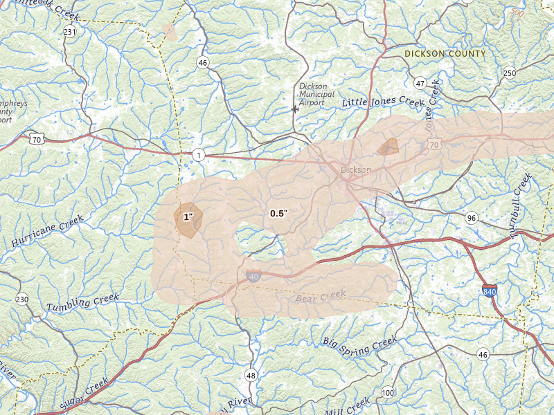 Radar-estimated hail-size map of the storm over Dickson, TN on Apr 27, 2026