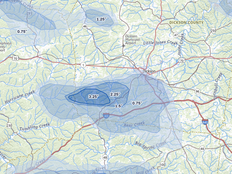 NEXRAD radar-signature map of the hail over Dickson, TN