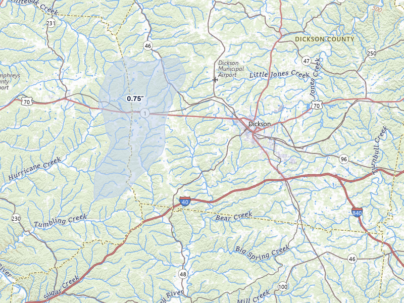 NEXRAD radar-signature map of the hail storm over Dickson, TN on Jun 1, 2026