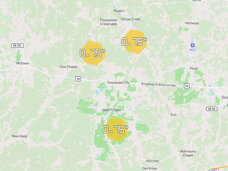 Hail map of Dickson, TN on Jun 1, 2026, hail up to 0.75"