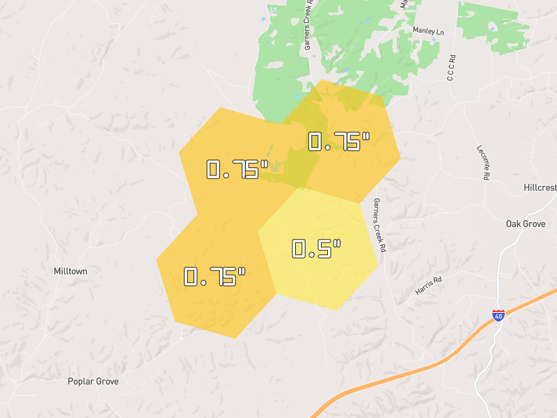 Hail map of Dickson, TN on Jul 2, 2026, hail up to 0.75"