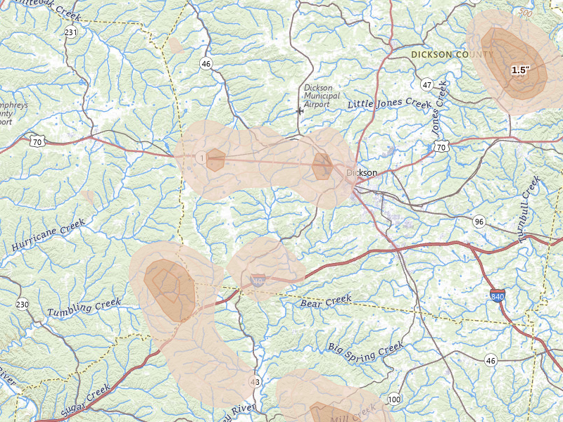 Radar-estimated hail-size map of the storm over Dickson, TN on Jul 3, 2026