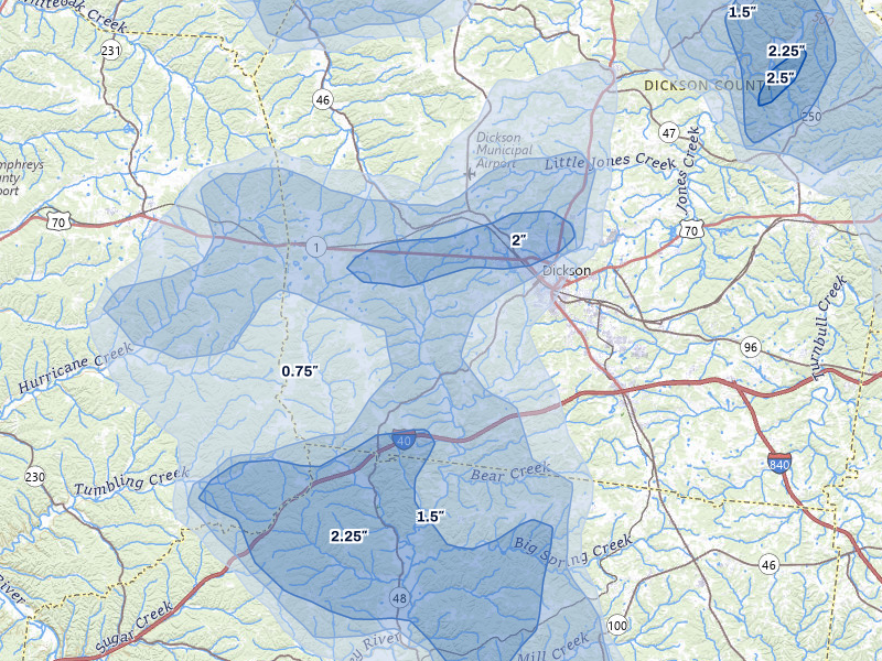NEXRAD radar-signature map of the hail storm over Dickson, TN on Jul 3, 2026