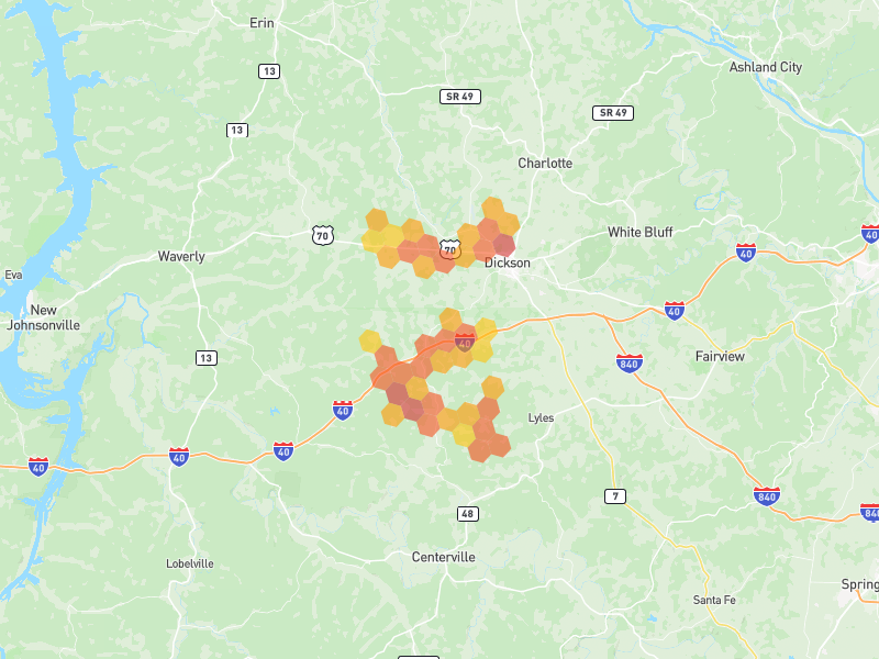 Hail map of Dickson, TN on Jul 3, 2026, hail up to 2.25"