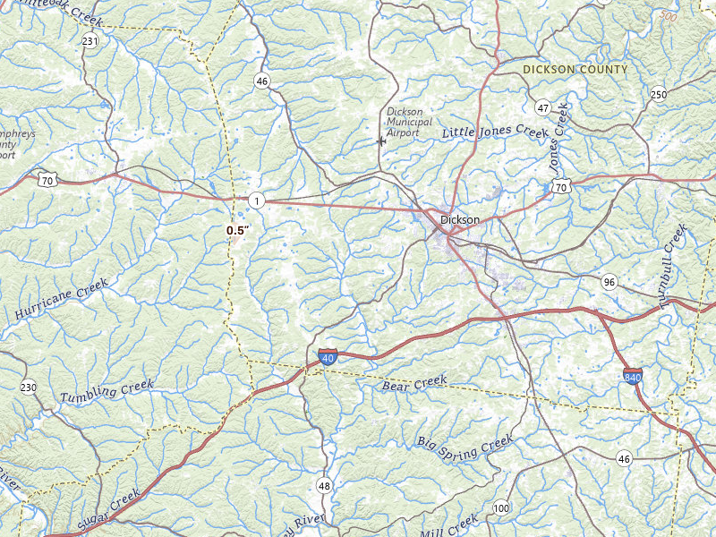 Radar-estimated hail-size map of the storm over Dickson, TN on Jul 19, 2026
