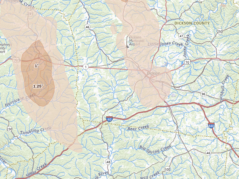 Radar-estimated hail-size map of the storm over Dickson, TN on Jul 21, 2026