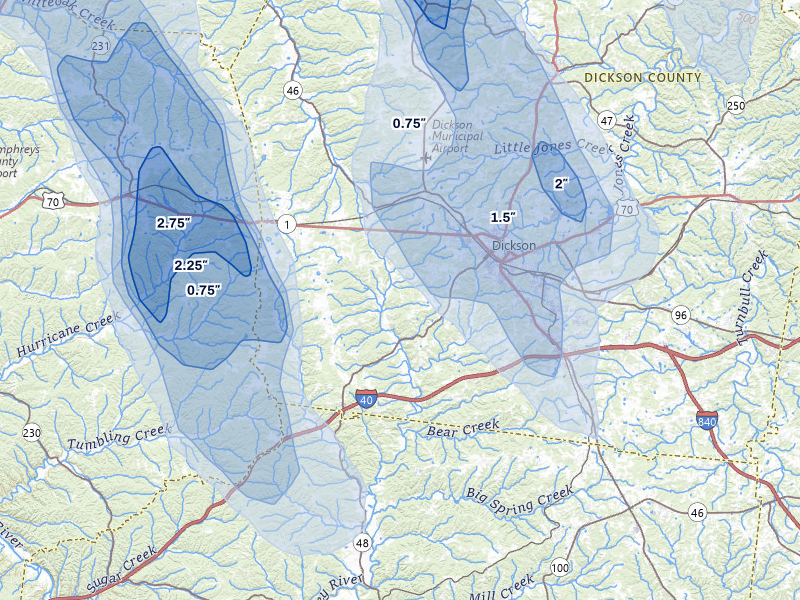 NEXRAD radar-signature map of the hail over Dickson, TN