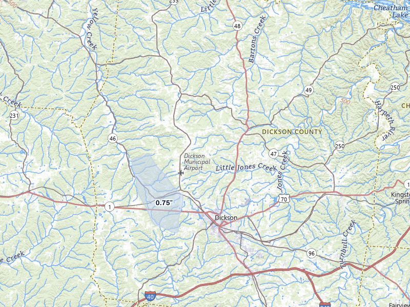 NEXRAD radar-signature map of the hail storm over Dickson, TN on Jul 28, 2026
