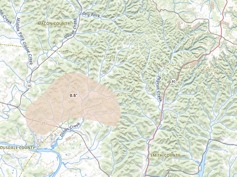 Radar-estimated hail-size map of the storm over Dixon Springs, TN on Jul 3, 2026