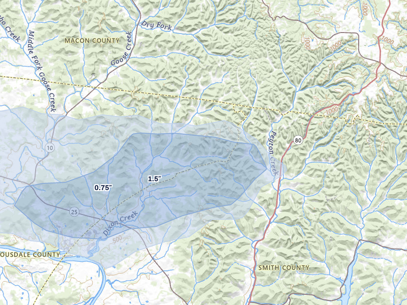 NEXRAD radar-signature map of the hail storm over Dixon Springs, TN on Jul 3, 2026