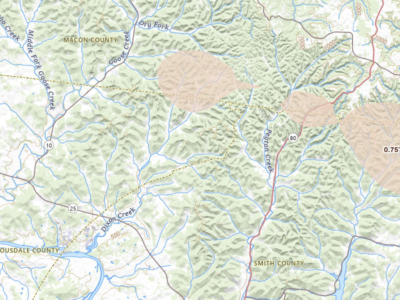 Radar-estimated hail-size map of the storm over Dixon Springs, TN on Aug 6, 2026
