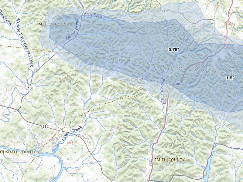 NEXRAD radar-signature map of the hail storm over Dixon Springs, TN on Aug 6, 2026