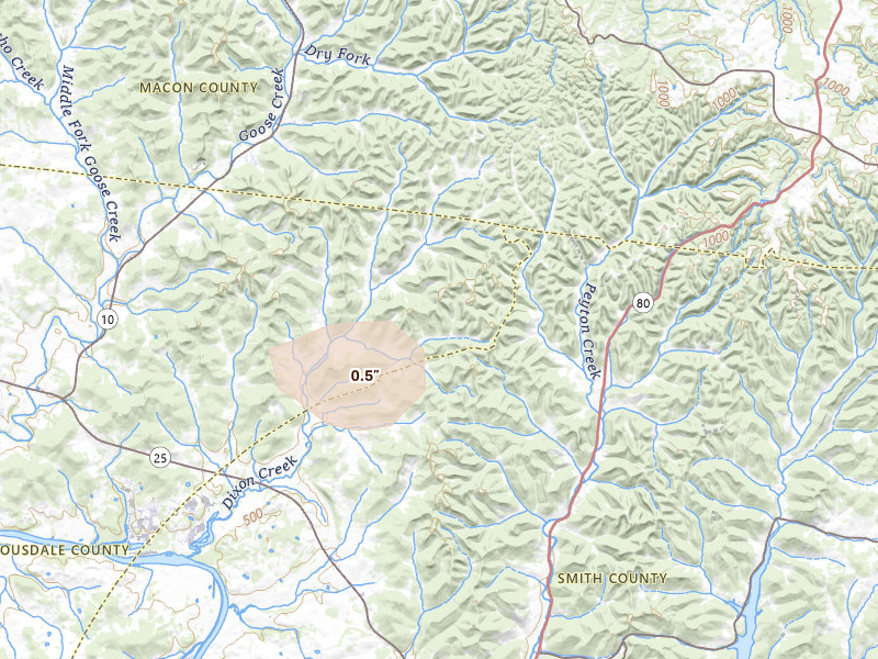 Radar-estimated hail-size map of the storm over Dixon Springs, TN