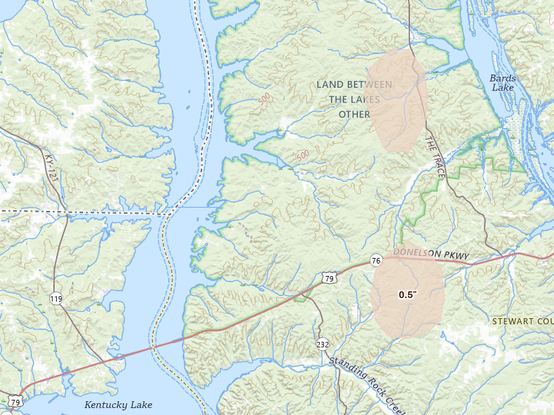 Radar-estimated hail-size map of the storm over Dover, TN on Jun 1, 2026