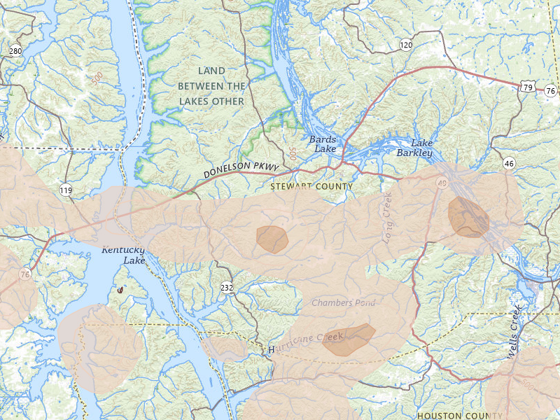Radar-estimated hail-size map of the storm over Dover, TN on Jul 2, 2026