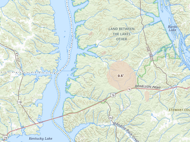 Radar-estimated hail-size map of the storm over Dover, TN on Jul 8, 2026