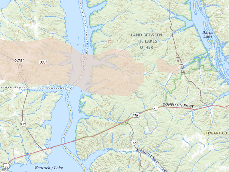Radar-estimated hail-size map of the storm over Dover, TN on Jul 21, 2026