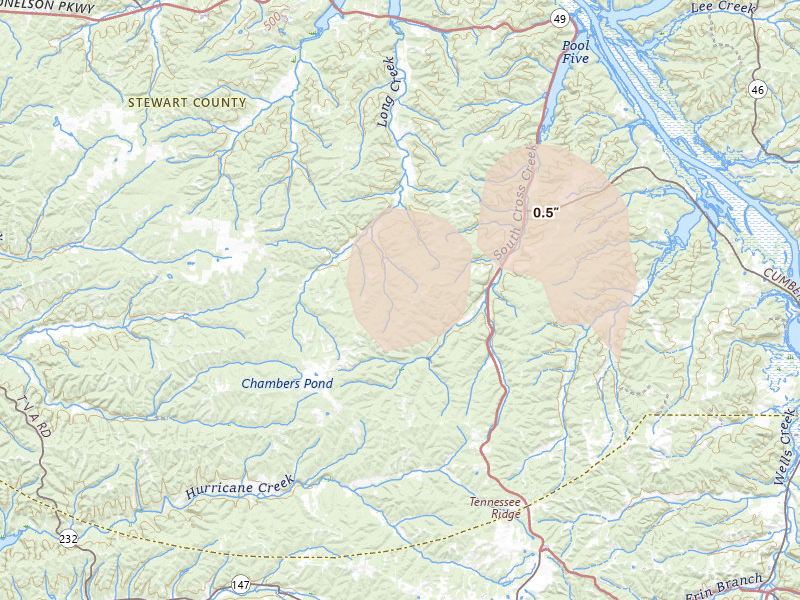 Radar-estimated hail-size map of the storm over Dover, TN on Aug 8, 2026
