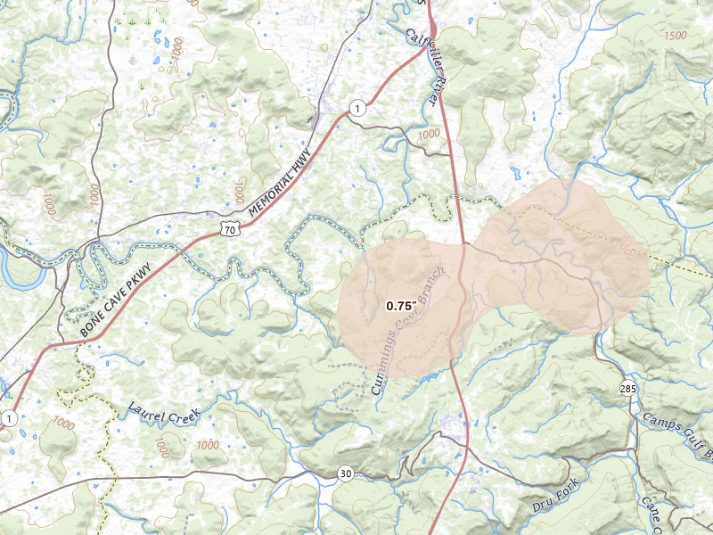 Radar-estimated hail-size map of the storm over Doyle, TN on Jul 5, 2026