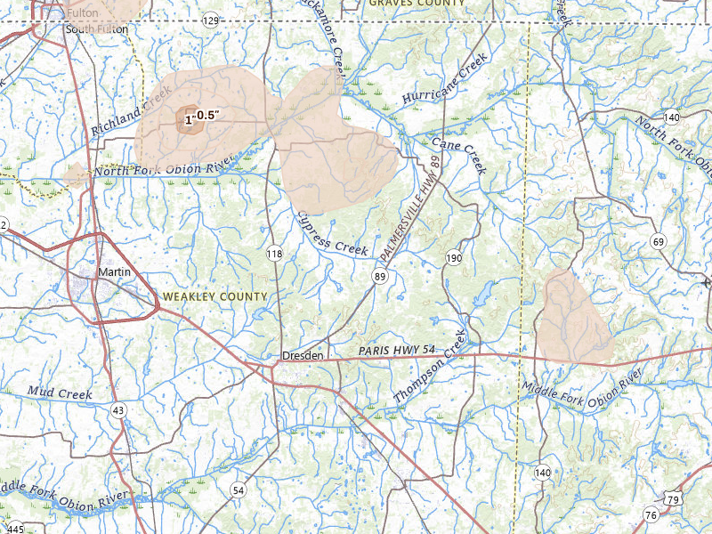 Radar-estimated hail-size map of the storm over Dresden, TN