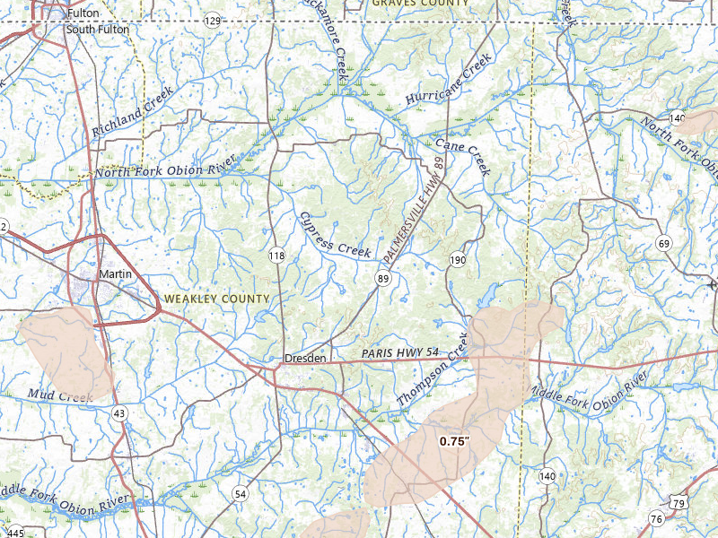 Radar-estimated hail-size map of the storm over Dresden, TN on Jun 9, 2026