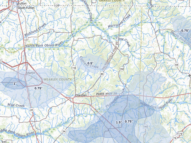 NEXRAD radar-signature map of the hail storm over Dresden, TN on Jun 9, 2026