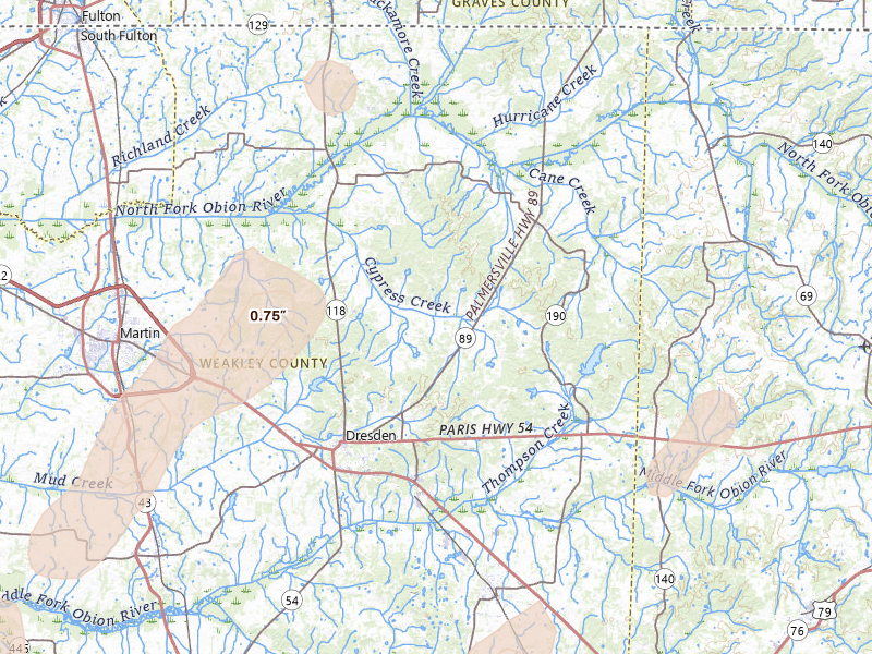 Radar-estimated hail-size map of the storm over Dresden, TN on Jul 4, 2026