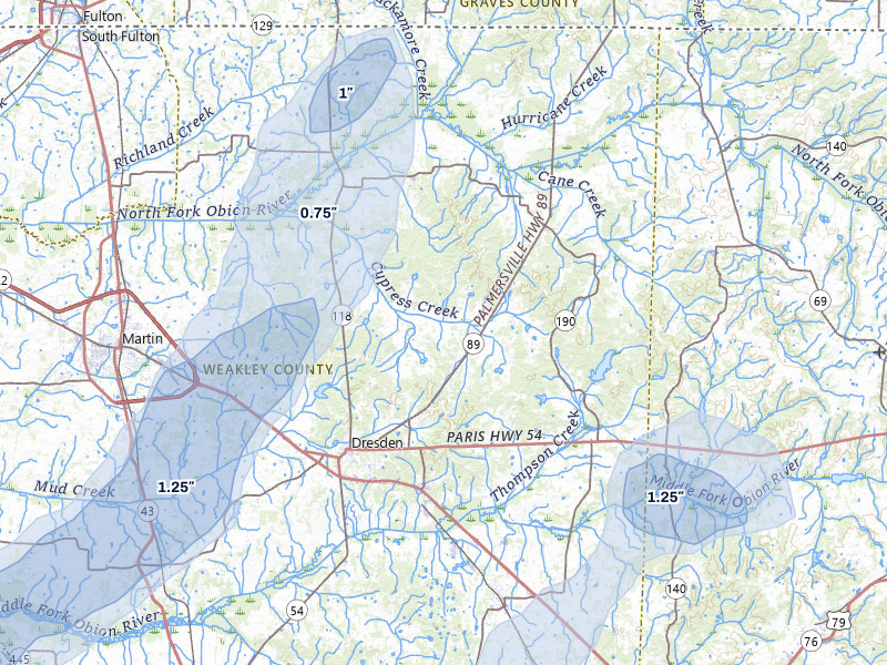 NEXRAD radar-signature map of the hail over Dresden, TN