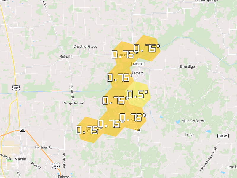 Hail map of Dresden, TN on Jul 5, 2026, hail up to 0.75"