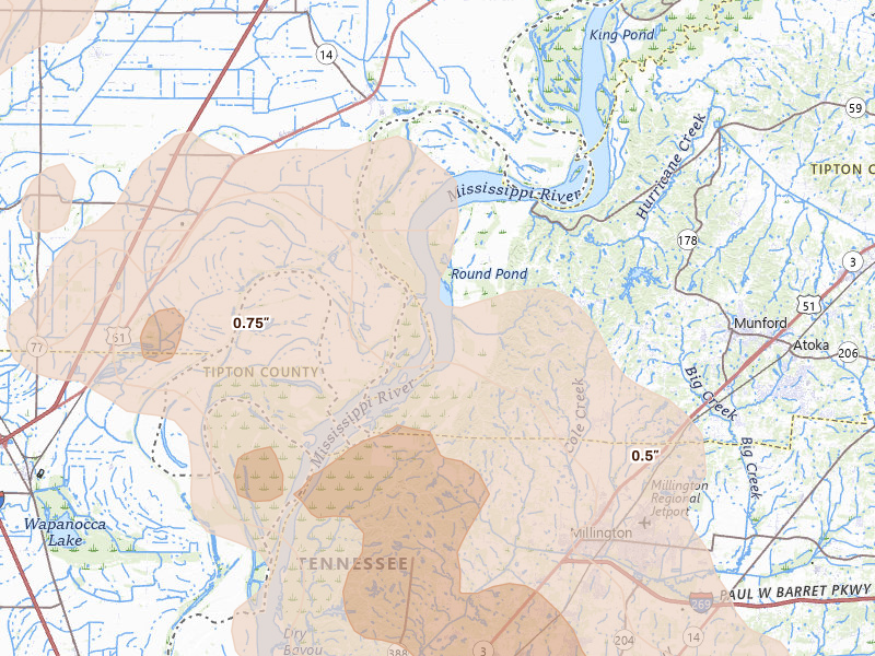 Radar-estimated hail-size map of the storm over Drummonds, TN on Apr 27, 2026