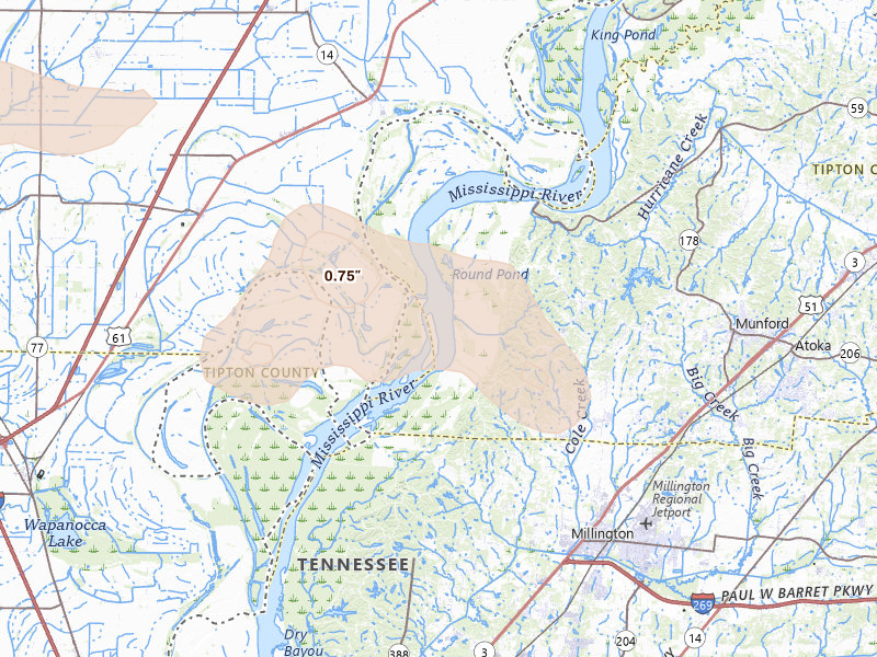 Radar-estimated hail-size map of the storm over Drummonds, TN on Jun 13, 2026