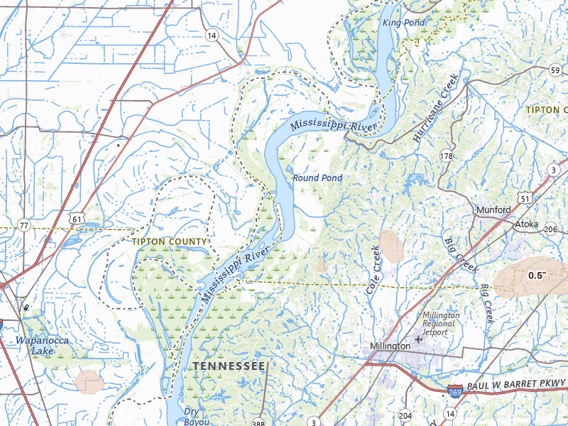 Radar-estimated hail-size map of the storm over Drummonds, TN on Jul 8, 2026