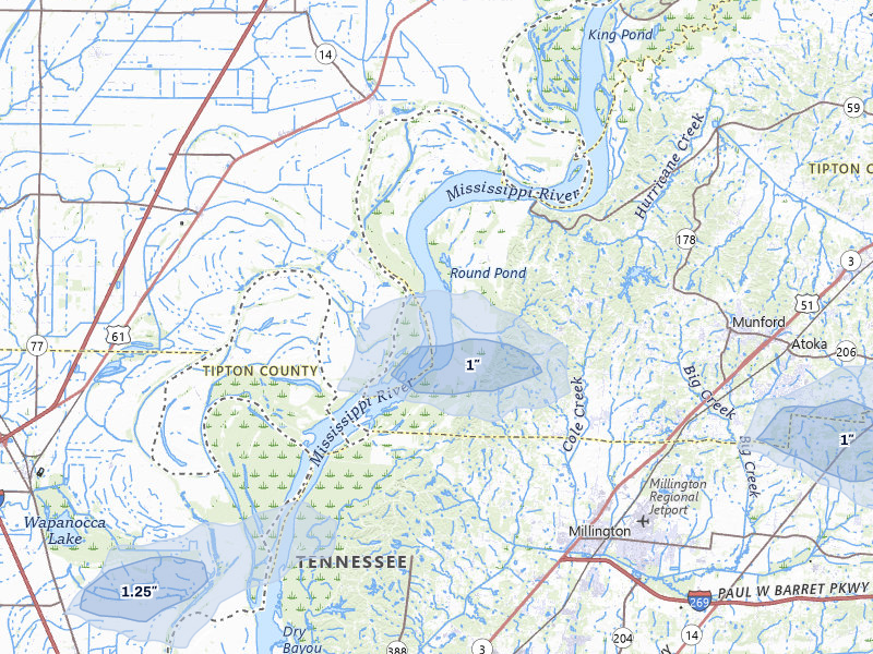 NEXRAD radar-signature map of the hail storm over Drummonds, TN on Jul 8, 2026