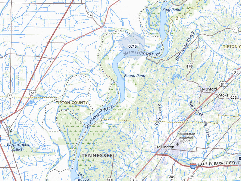 NEXRAD radar-signature map of the hail storm over Drummonds, TN on Jul 11, 2026