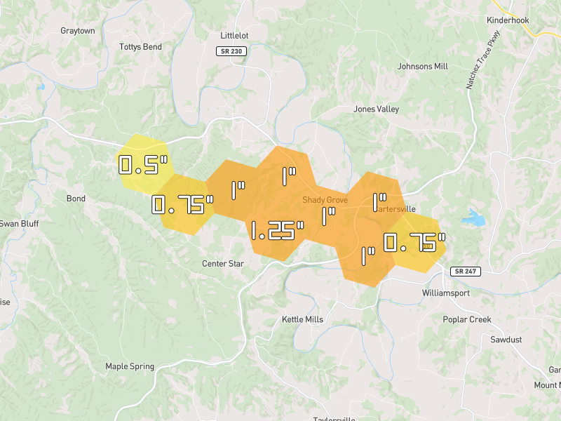 Hail map of Duck River, TN on Jul 2, 2026, hail up to 1.25"
