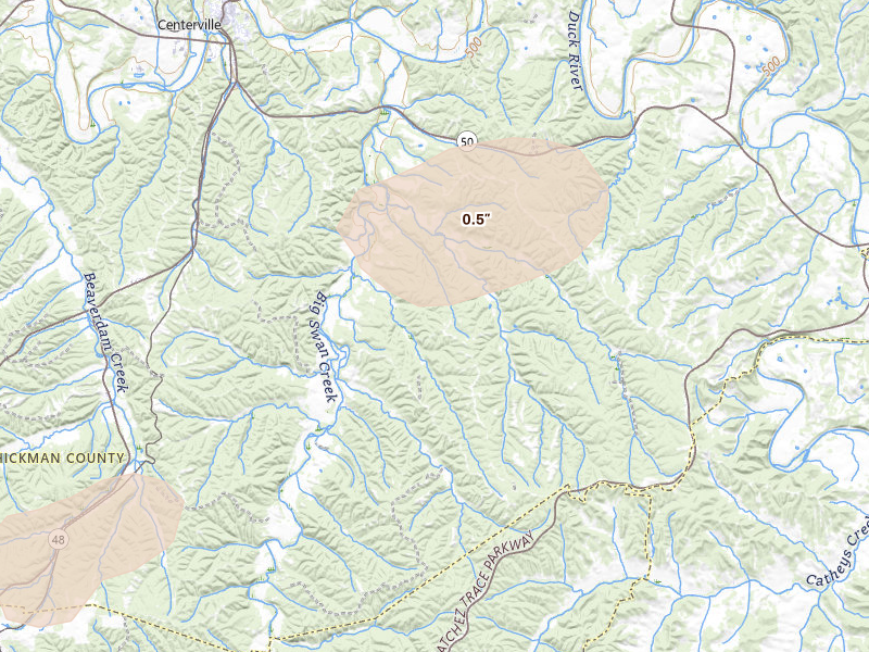 Radar-estimated hail-size map of the storm over Duck River, TN on Aug 26, 2026