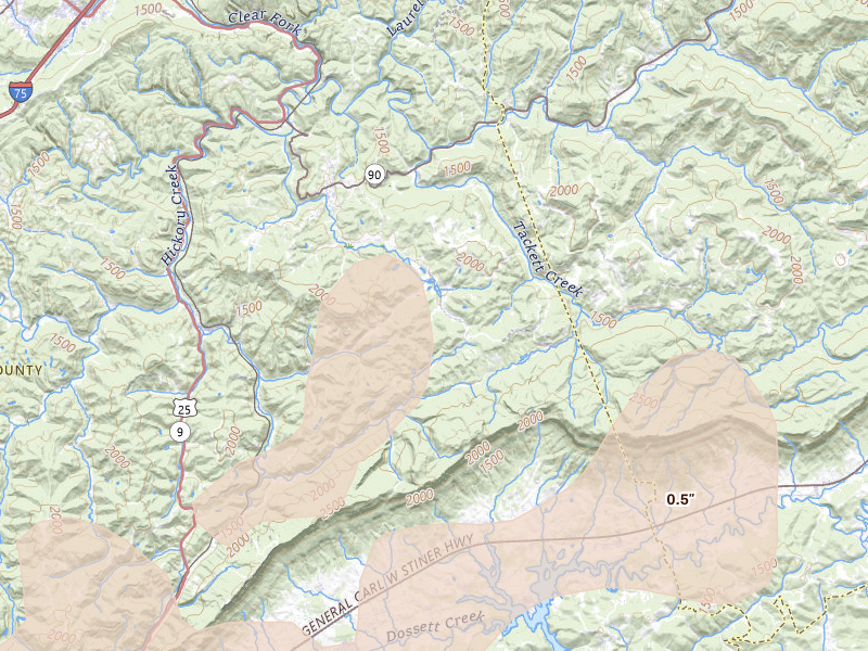 Radar-estimated hail-size map of the storm over Duff, TN on Jul 3, 2026