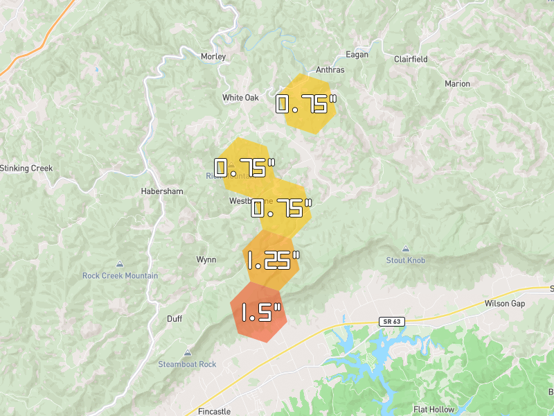 Hail map of Duff, TN on Jul 4, 2026, hail up to 1.5"