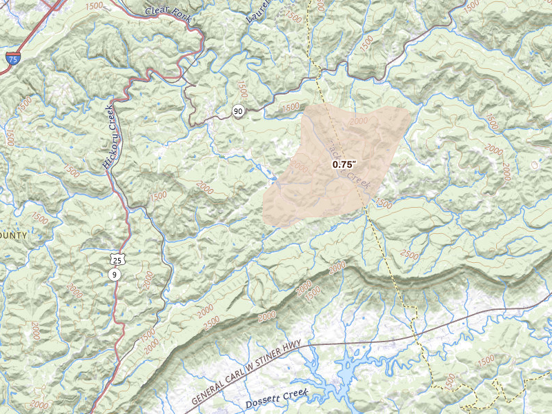 Radar-estimated hail-size map of the storm over Duff, TN on Aug 14, 2026