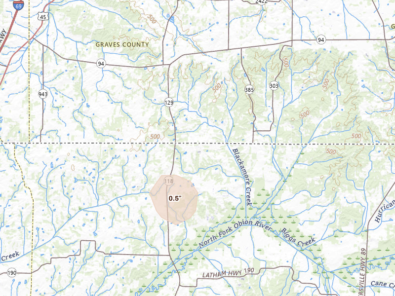 Radar-estimated hail-size map of the storm over Dukedom, TN on Jul 4, 2026