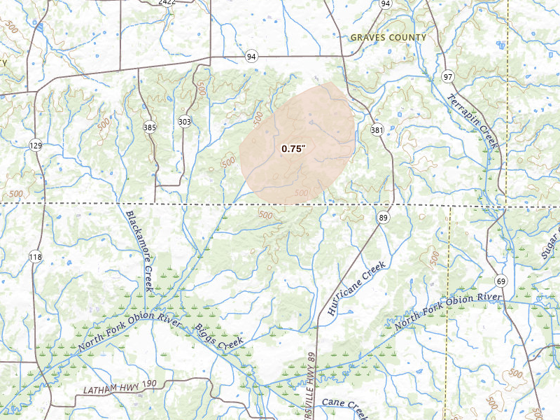 Radar-estimated hail-size map of the storm over Dukedom, TN on Aug 8, 2026
