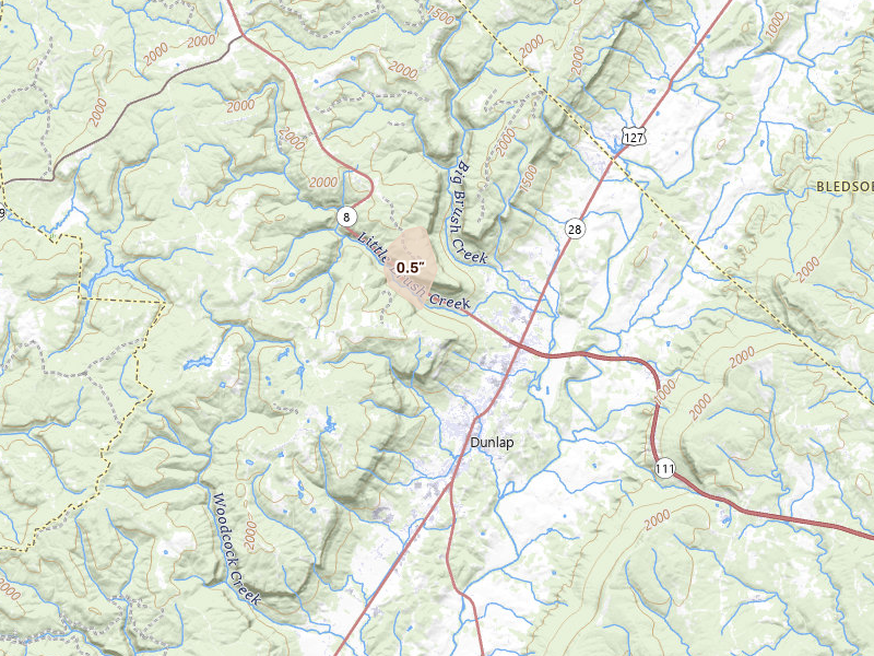 Radar-estimated hail-size map of the storm over Dunlap, TN on Jul 17, 2026