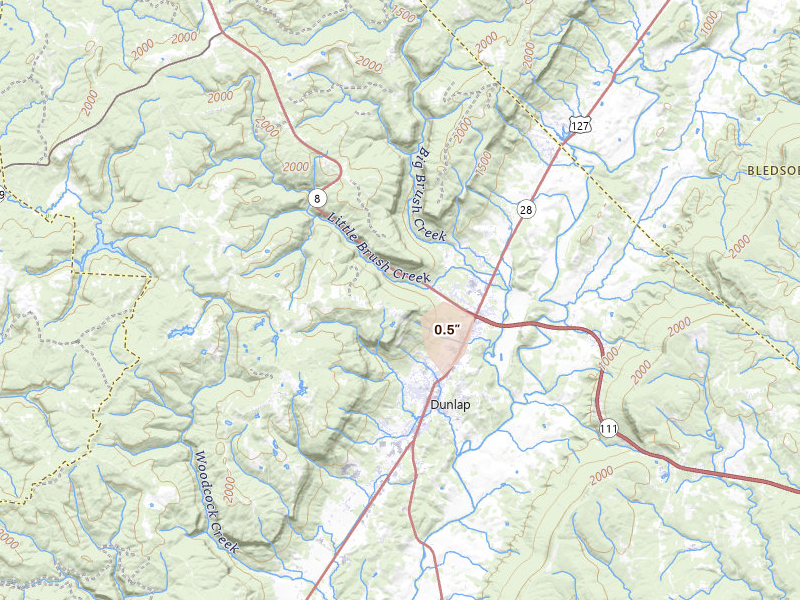 Radar-estimated hail-size map of the storm over Dunlap, TN on Aug 5, 2026