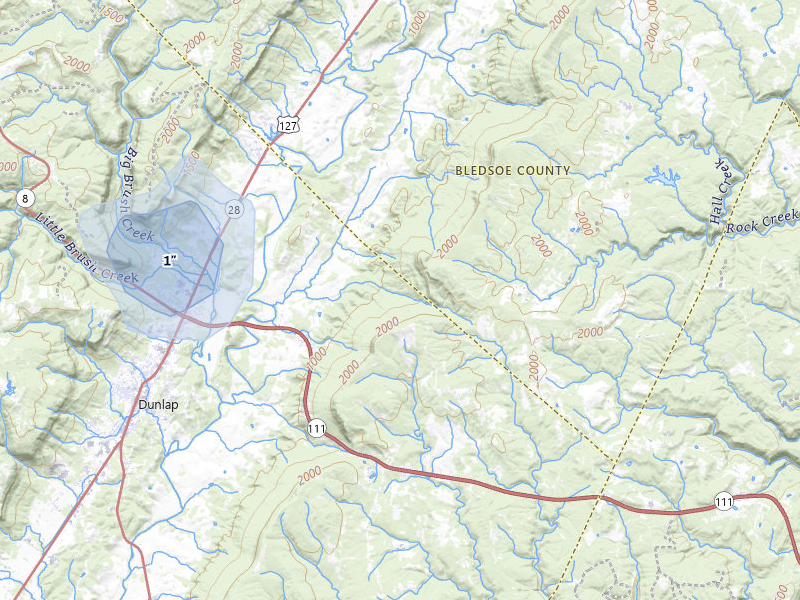 NEXRAD radar-signature map of the hail storm over Dunlap, TN on Aug 5, 2026