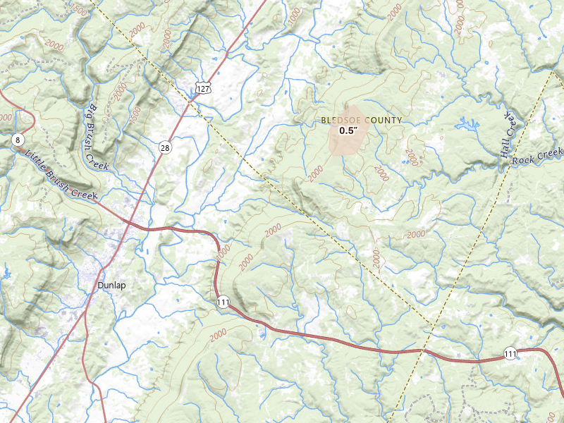 Radar-estimated hail-size map of the storm over Dunlap, TN on Aug 6, 2026