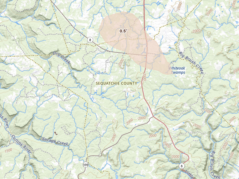 Radar-estimated hail-size map of the storm over Dunlap, TN on Aug 7, 2026